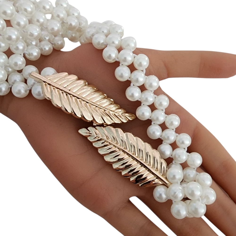 Y2K pearl belt gold leaf buckle white pearl beads vintage elastic expandable - Picture 11 of 14